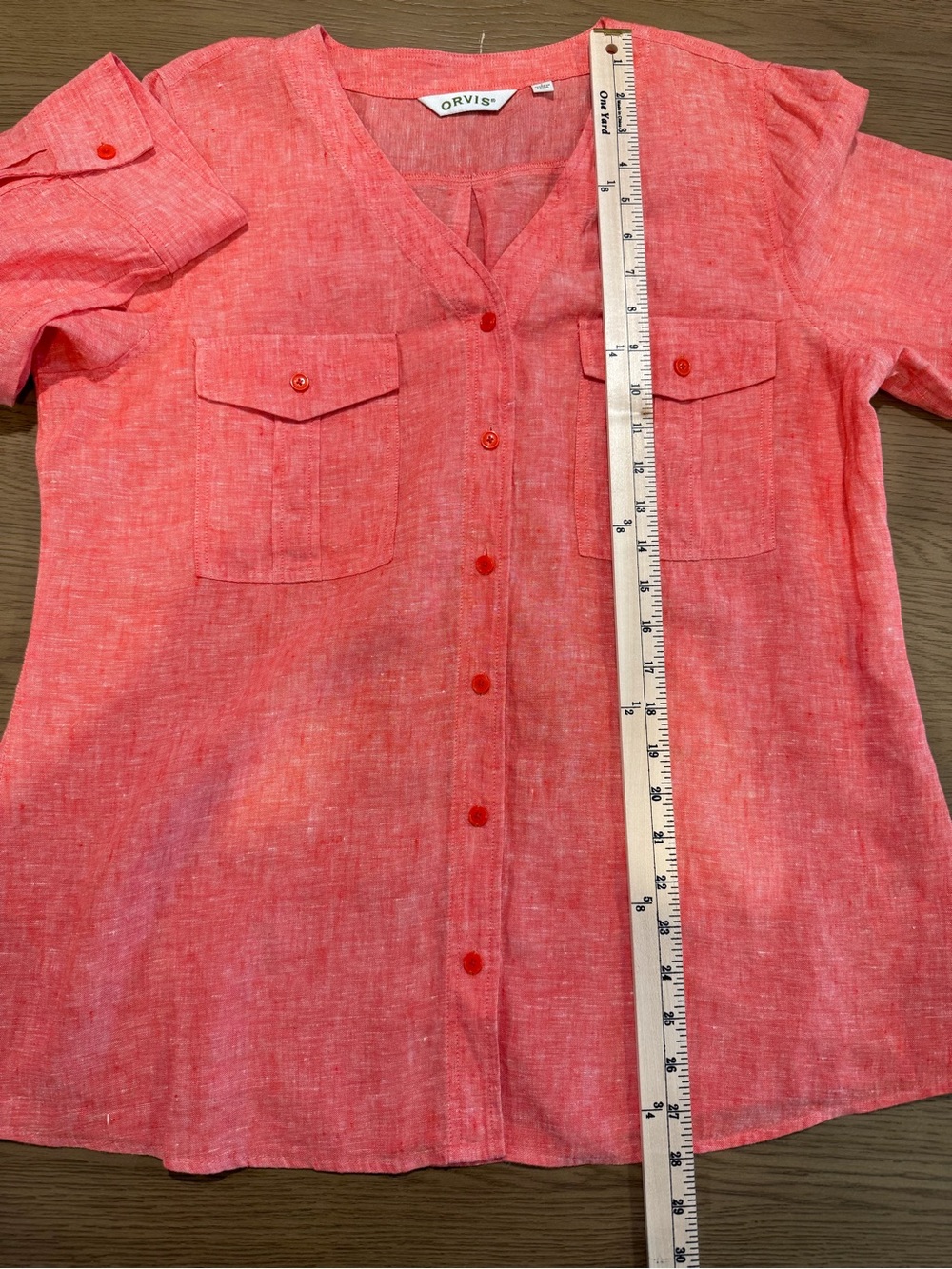 Orvis 100% Linen Utility Button Front Blouse Lightweight Coastal Coral Tunic - Picture 9 of 11